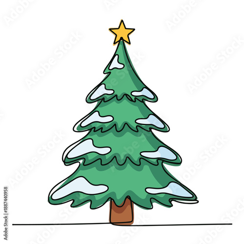 A cartoonish green Christmas tree with snow on the branches