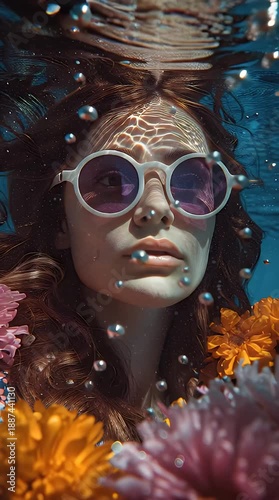 Woman Underwater with Sunglasses and Flowers.