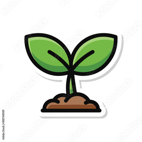 A cartoonish illustration of a green sprout with two leaves growing out of brown soil