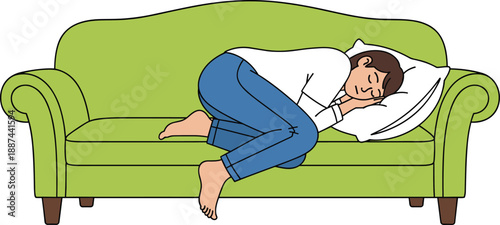 Cartoon person sleeping curled up on green couch with pillow—perfect for rest, relaxation, comfort, or domestic lifestyle-themed vector illustrations