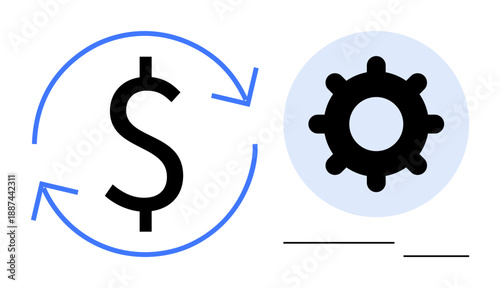 Financial management. Dollar sign paired with gear automation and business strategies. Financial tools, processes, and automation systems for money management, fintech, investments, business growth
