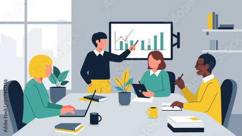Business Team Meeting with Graphs on Screen.