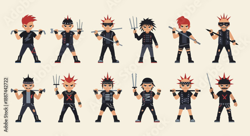 Cartoon Characters with Various Hairstyles and Weapons.