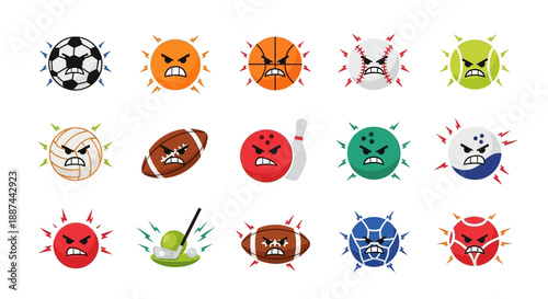 Various Angry Sports Ball Characters with Faces.