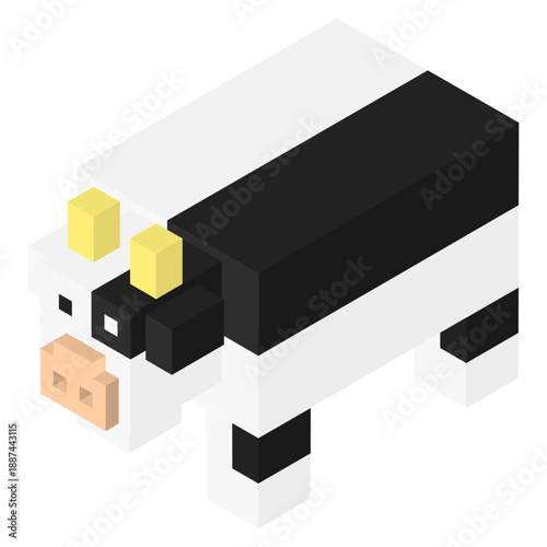 アイソメトリックで描かれたブロック風のウシのイラスト