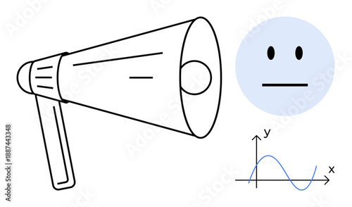 Communication, public speaking, sound dynamics, emotion neutrality, data visualization, education. Outline of a megaphone, neutral face icon and graph showing wave function. Communication and public