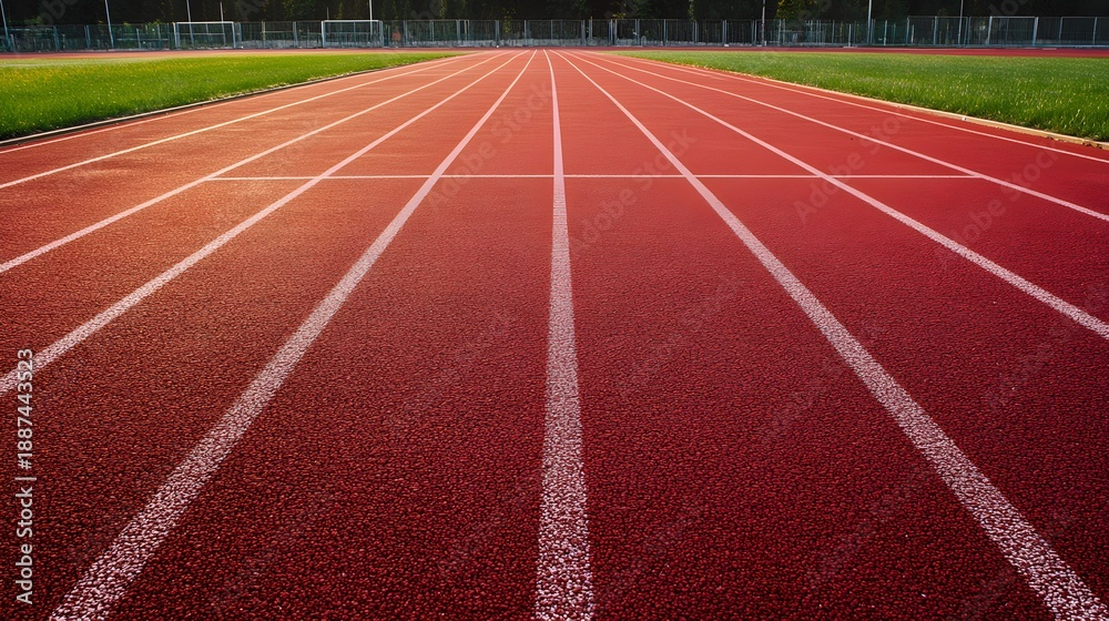 Fototapeta premium Red running track with white lane lines and green grass