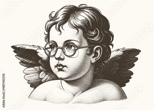 Vintage Portrait Of Baby Cupid. engraving art