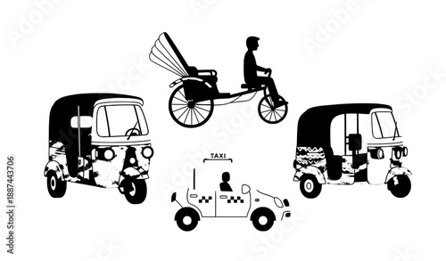 Cute cartoon Indian transport vector illustration with auto rickshaw taxi tuk tuk and hand pulled rickshaw