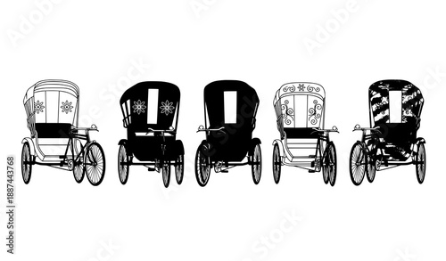 Minimal Indian transport line vector set featuring auto rickshaw hand pulled rickshaw taxi and tuk tuk