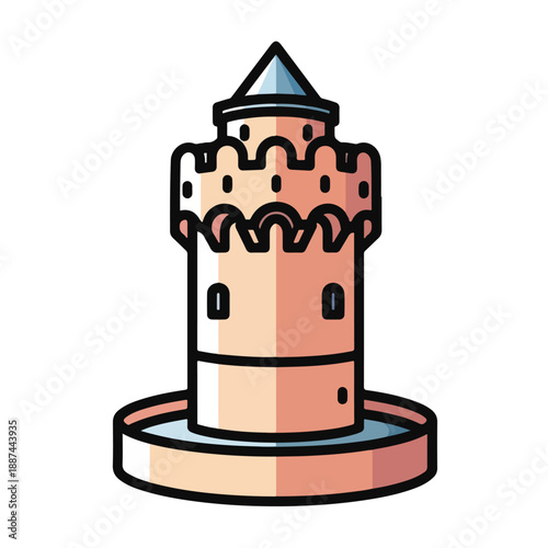 A cartoon-style illustration of a castle tower with a conical roof