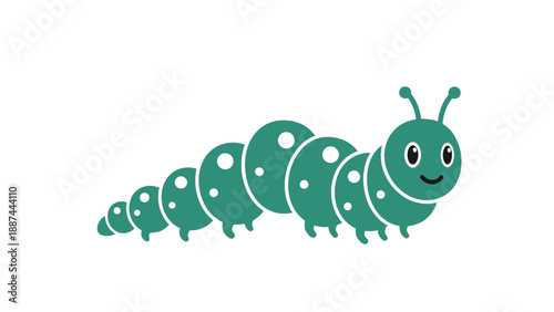 Friendly green caterpillar with white spots and a smiling face is shown in a simple cartoon style for children and nature themes.