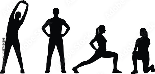 Exercise silhouette, stretching poses, fitness routine, physical activity, black illustration, workout stance, body movement, health concept, warm-up action, athletic figure, posture training,