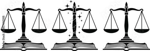 Justice scale illustration, law symbol, open book, black and white, legal icon, magical theme, symmetrical design, ribbon detail, sparkles effect, balanced pans, courtroom concept