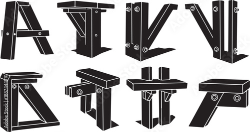 Various metal sawhorses in different positions and angles illustration