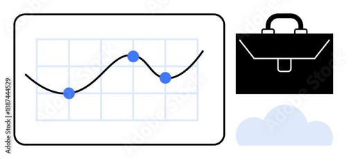 Business planning, data analysis, financial growth, corporate strategy, technology integration, future forecasting. Graph with nodes, briefcase and cloud icon. Business planning and data analysis