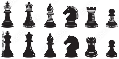 Collection of black and white chess pieces, including king, queen, bishop, knight, rook, and pawn, presented in two rows.