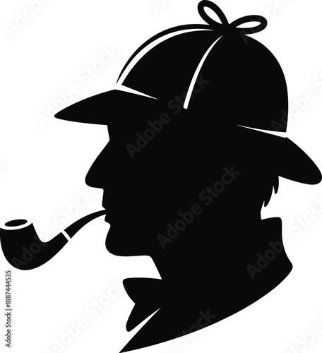 Detective silhouette, pipe smoker, deerstalker hat, mystery icon, black vector, classic profile, vintage style, fiction character, investigation theme, clue hunter