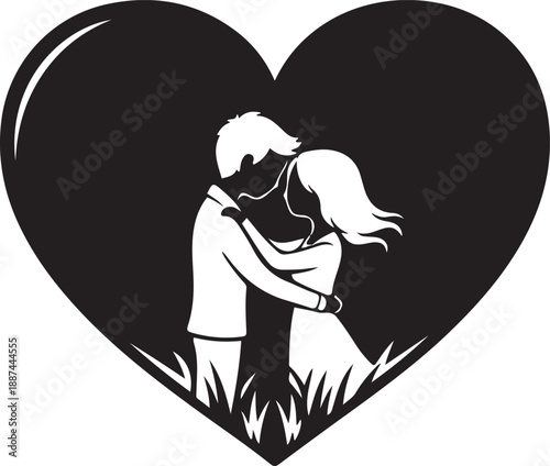 Black and white silhouette of couple kissing in heart shape love