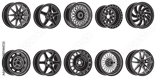 Collection of ten different car wheel designs, illustrated in a black and white vector graphic style.