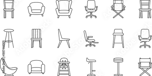Furniture chair icons set with seating armchairs stools office dining and home interior symbols outline vector