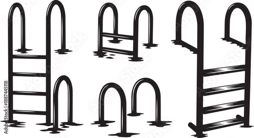 Black metal pool ladder and handrail set illustrations