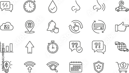 Minimal line icons set for user interface communication navigation security finance technology and mobile app design systems projects