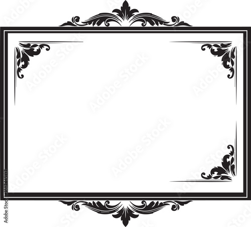 Black rectangular frame with decorative floral corner accents and horizontal bands border black frame