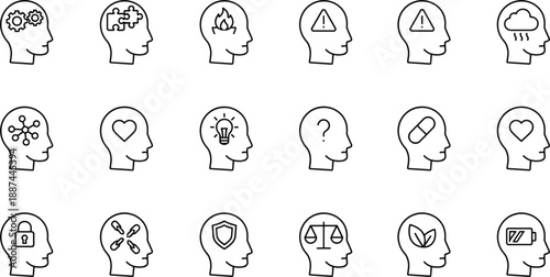 Psychology mental health and human mind icons set with emotions thoughts awareness therapy symbols outline vector