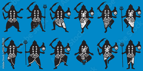 Collection of Silhouettes of the Hindu Goddess Kali in Various Poses and Attire.