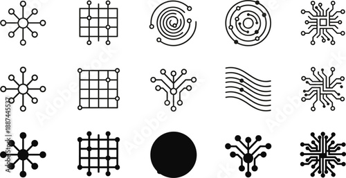 Abstract technology network and circuit icons set with digital connections data flow nodes futuristic symbols minimal vector collection