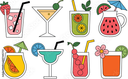 Colorful summer cocktails and drinks illustration set tropical beverages with fruit flat design cute modern bar menu party vector collection