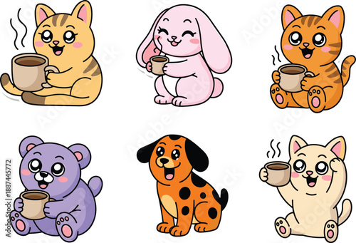 Cute cartoon animals drinking coffee illustration set kawaii cat dog bunny bear characters holding mugs adorable cozy morning vector collectionCute cartoon