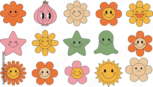 Cute smiling flowers and characters illustration set kawaii floral faces sun star ghost icons colorful playful vector collection for kids design