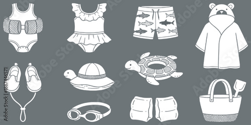 Collection of children's swimwear and beach accessories, including swimsuits, shorts, hat, goggles, armbands, swim shoes, towel robe, float, and beach bag.