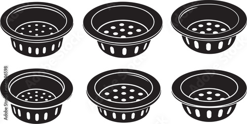 Six black colanders with holes on white background illustration