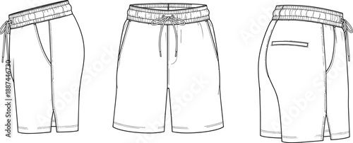 Shorts, template, technical, drawing, fashion, design, clothing, apparel, front, back, side, view, garment, pattern, outline, vector, illustration, mockup, textile, sketch