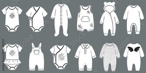 Collection of various baby onesies and sleepsuits in white outline style, showcasing different designs and styles for infants.