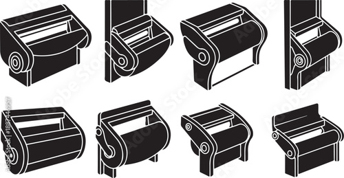 Various black and white illustrations of toilet paper holders