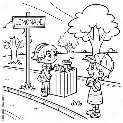 SUMMER BUNDLE —Black and white illustration coloring page of Kids Running Lemonade Stand