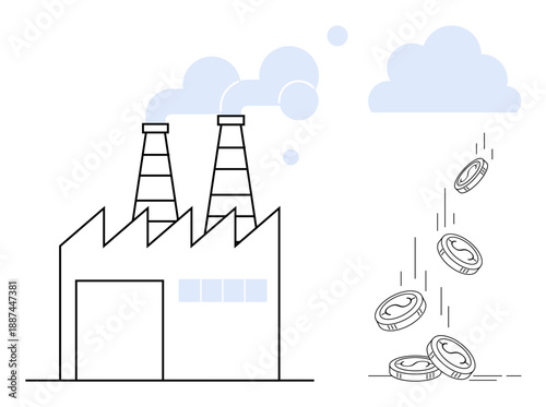 Industrial production, economic growth, environmental impact, cost management, financial sustainability, business operations. Factory with smoke and coins dropping from clouds. Economic growth