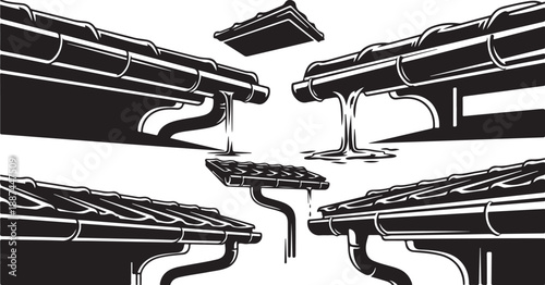 Roof gutters and downspouts in a black and white illustration