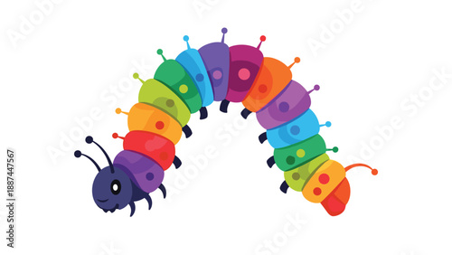 Cute and colorful cartoon caterpillar with rainbow segments crawling across a plain white background for children.
