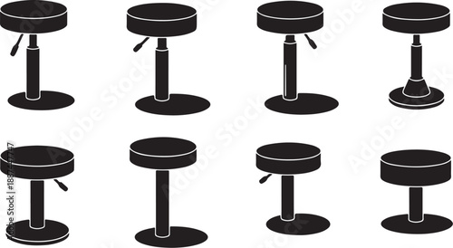 Collection of black stools in different positions isolated white