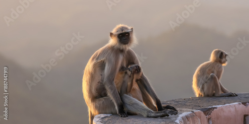 Canvas Print Mother Northern Plains Grey Langur monkey nursing baby in sunrise light in India