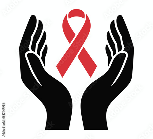 Hands holding red ribbon, awareness and support symbol, vector illustration for charity campaigns social causes and health awareness themes.