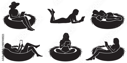Collection of silhouettes of people relaxing and reading on comfortable beanbag chairs, showcasing different poses and devices.