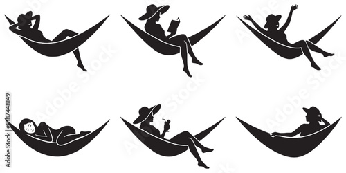 Collection of Silhouettes of People Relaxing in Hammocks in Various Poses.