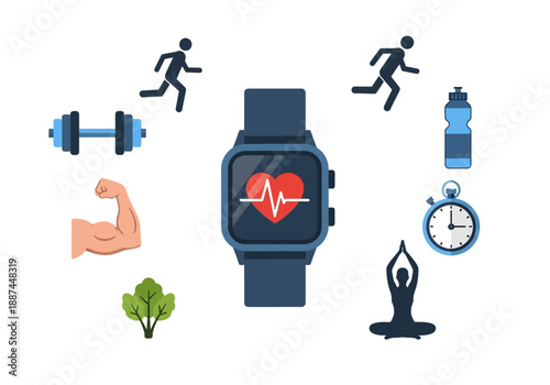 Smartwatch with Heart Rate Monitor Display Surrounded by Fitness Icons