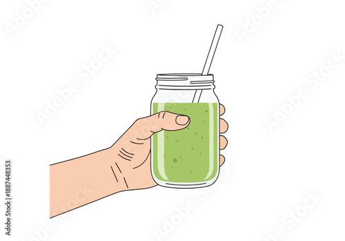 Hand Holding a Green Smoothie in a Glass Jar with Straw, Healthy Drink